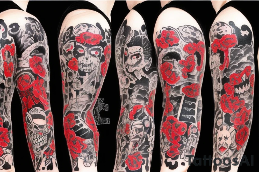 trash polka full sleeve + neck
black and red tattoo idea