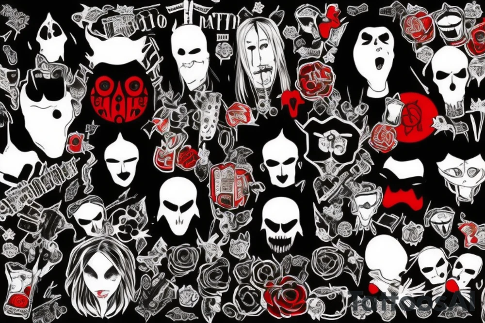 trash polka full sleeve + neck
black and red tattoo idea