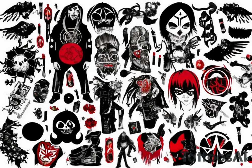 trash polka full sleeve + neck
black and red tattoo idea