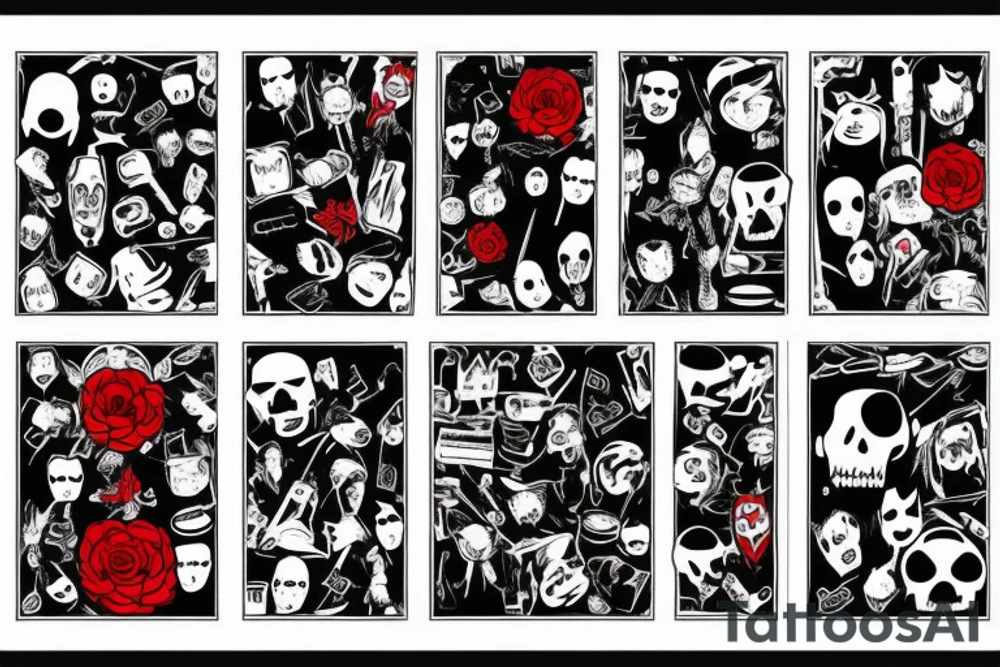 trash polka full sleeve + neck
black and red tattoo idea