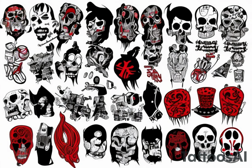 trash polka full sleeve with side neck
black and red tattoo idea