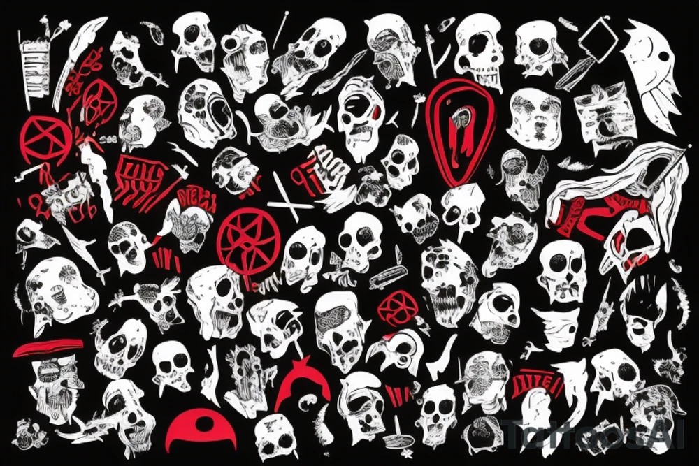 trash polka full sleeve with side neck
black and red tattoo idea