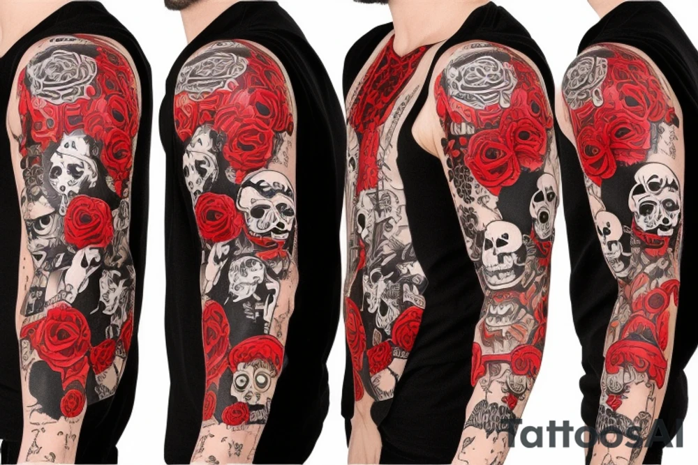 trash polka full sleeve with side neck
black and red tattoo idea
