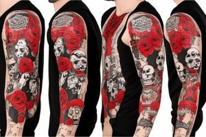 trash polka full sleeve with side neck
black and red tattoo idea