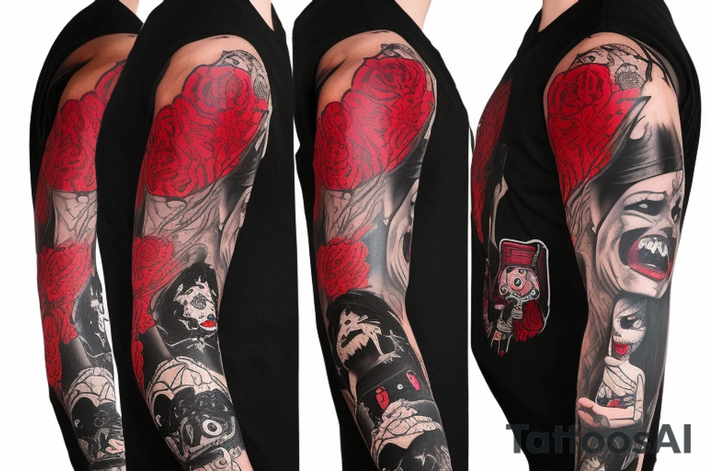 trash polka full sleeve with side neck
black and red tattoo idea