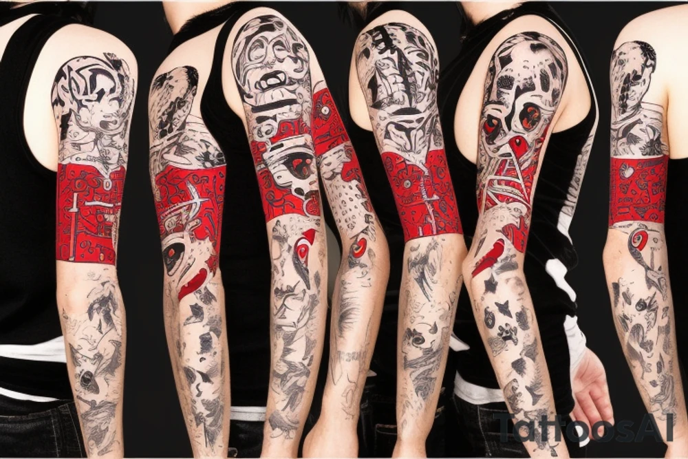 trash polka full sleeve with side neck
black and red tattoo idea