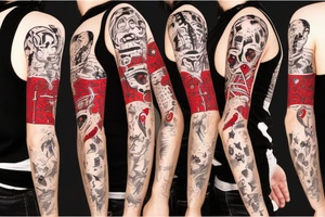 trash polka full sleeve with side neck
black and red tattoo idea