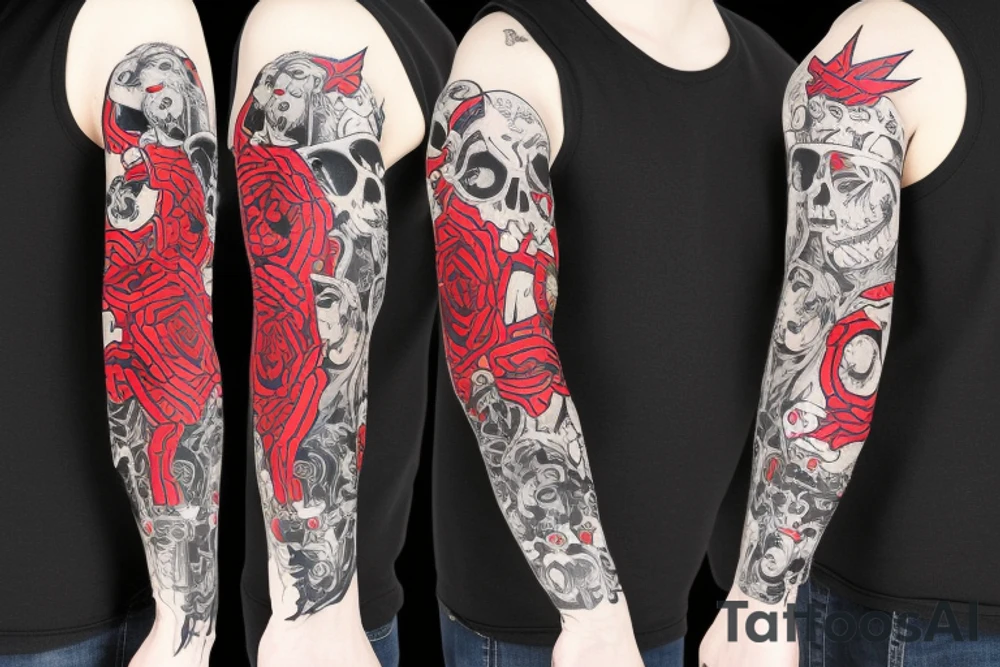 trash polka full sleeve with side neck
black and red tattoo idea