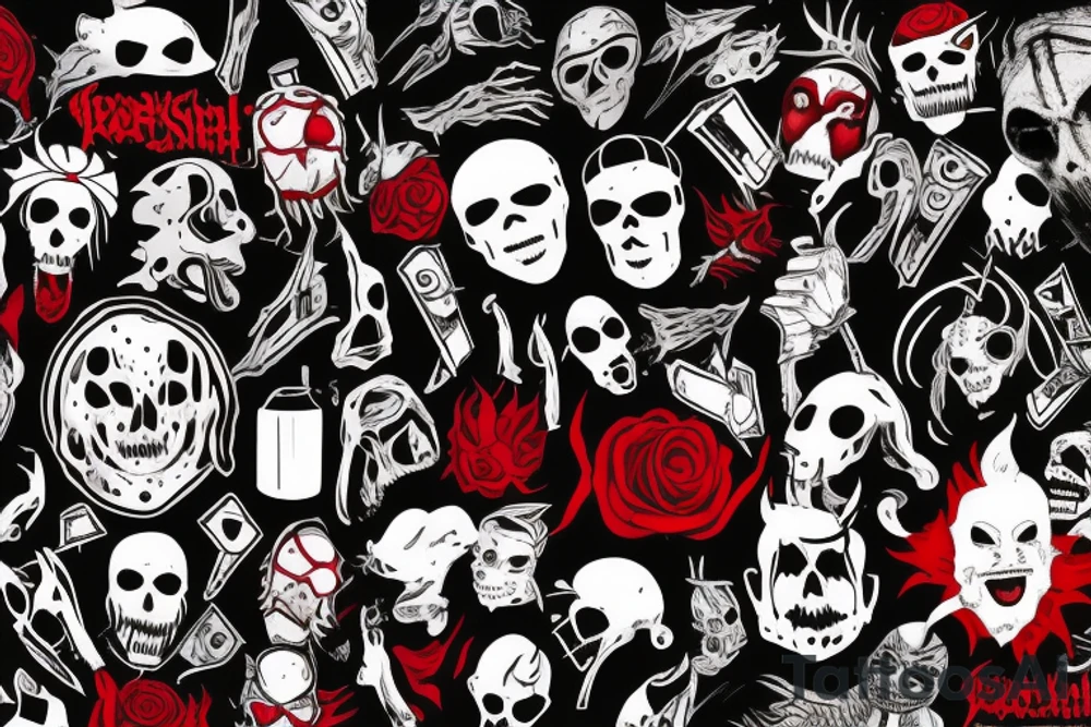 trash polka full sleeve with side neck
black and red tattoo idea