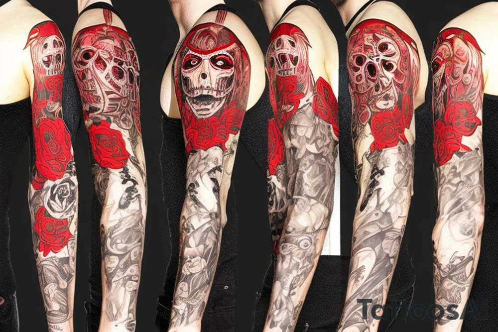 trash polka full sleeve with side neck
black and red tattoo idea