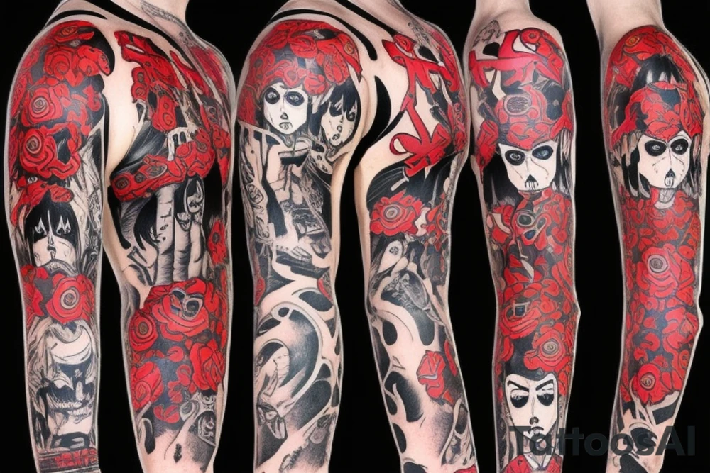 trash polka full sleeve with side neck
black and red tattoo idea