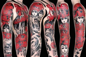trash polka full sleeve with side neck
black and red tattoo idea