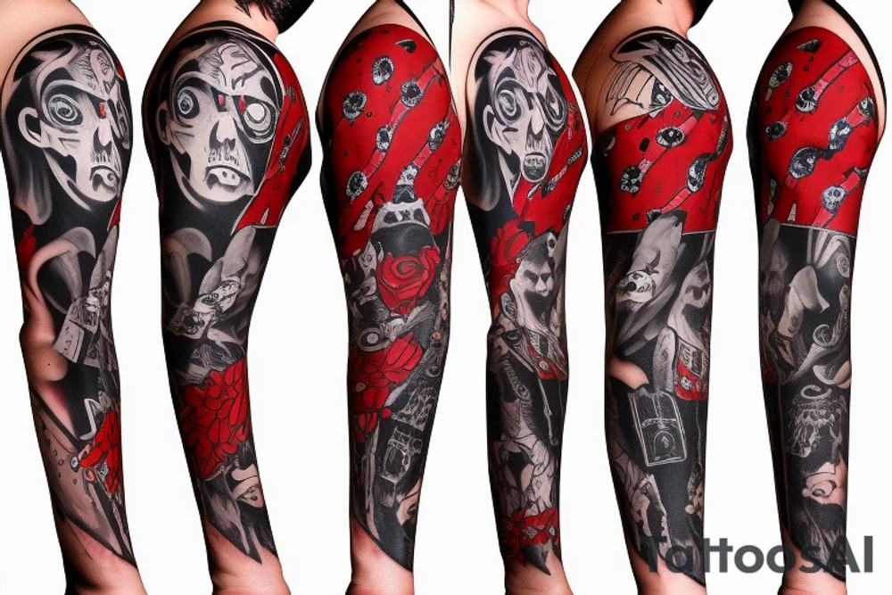 trash polka full sleeve with side neck
black and red
without skulls tattoo idea