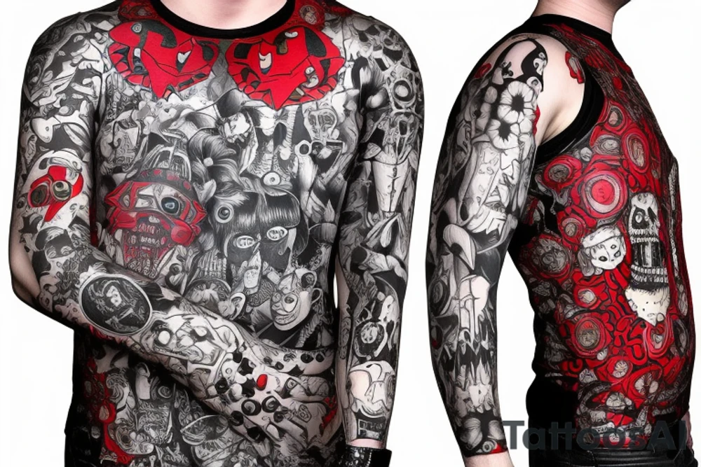 trash polka full sleeve with side neck
black and red
without skulls tattoo idea