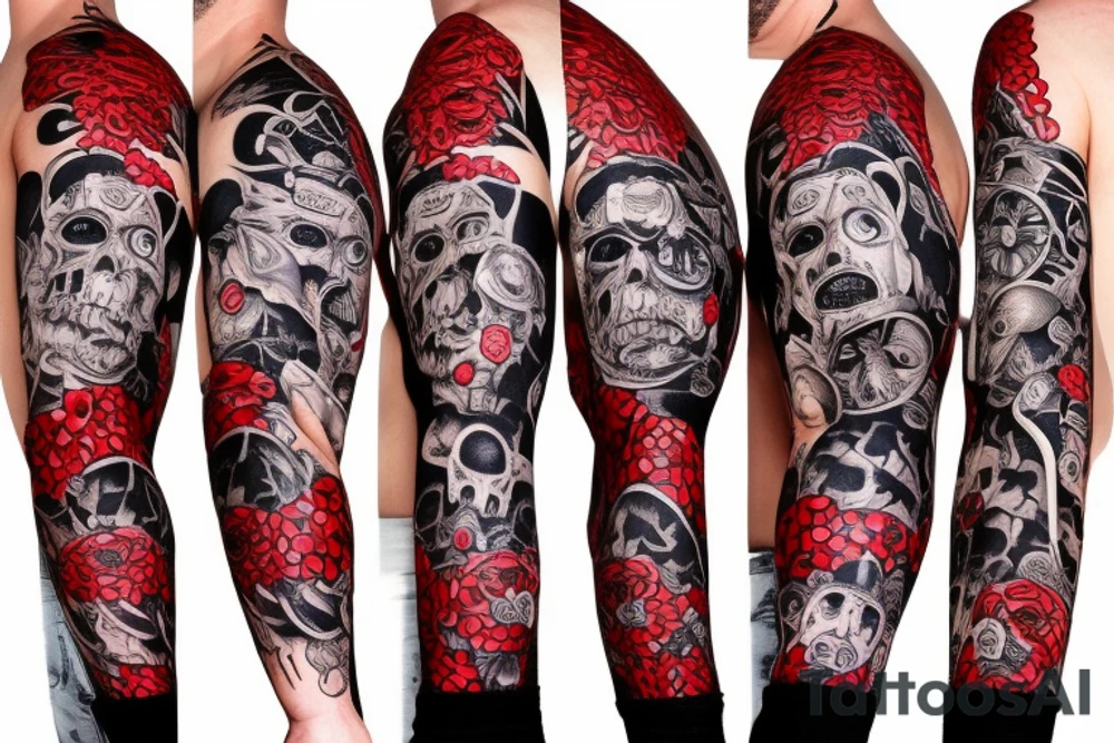 trash polka full sleeve with side neck
black and red
without skulls tattoo idea