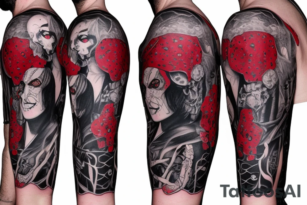 trash polka full sleeve with side neck
black and red
without skulls tattoo idea