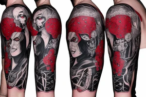 trash polka full sleeve with side neck
black and red
without skulls tattoo idea