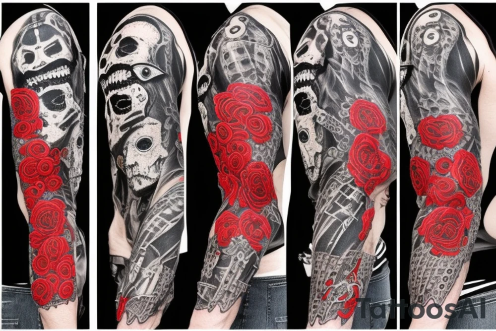 trash polka full sleeve with side neck
black and red
without skulls tattoo idea