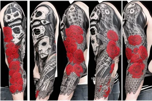 trash polka full sleeve with side neck
black and red
without skulls tattoo idea