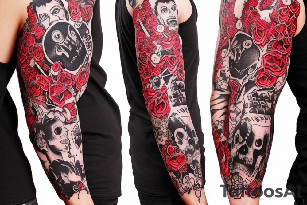 trash polka full sleeve with side neck
black and red
without skulls tattoo idea
