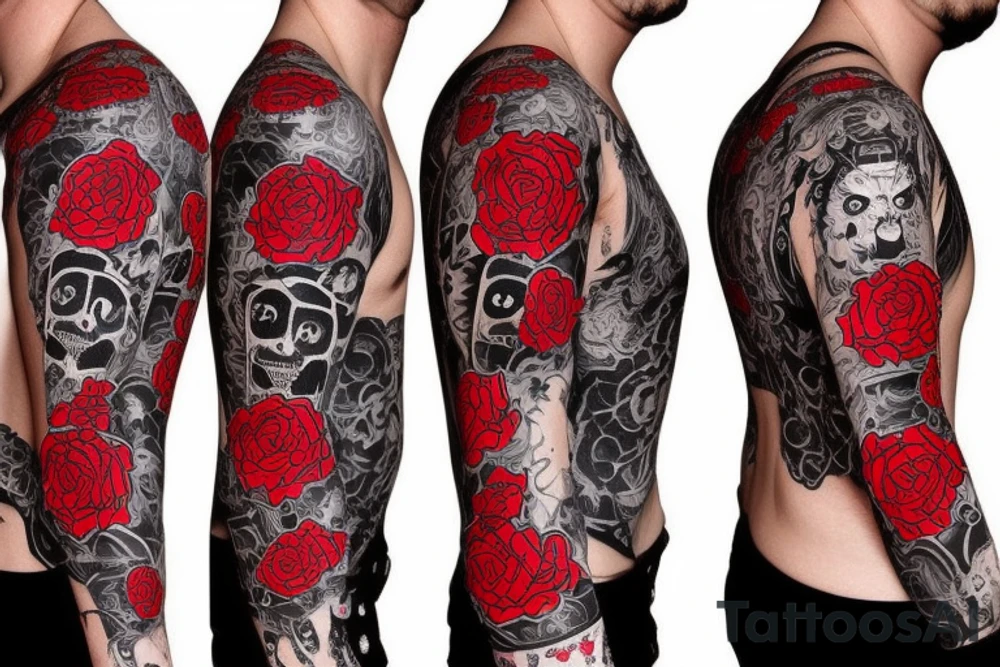 trash polka full sleeve with side neck
black and red
without skulls tattoo idea