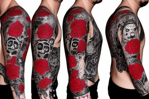 trash polka full sleeve with side neck
black and red
without skulls tattoo idea