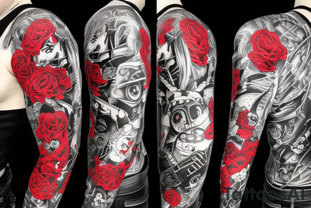 trash polka full sleeve with side neck
black and red
without skulls tattoo idea