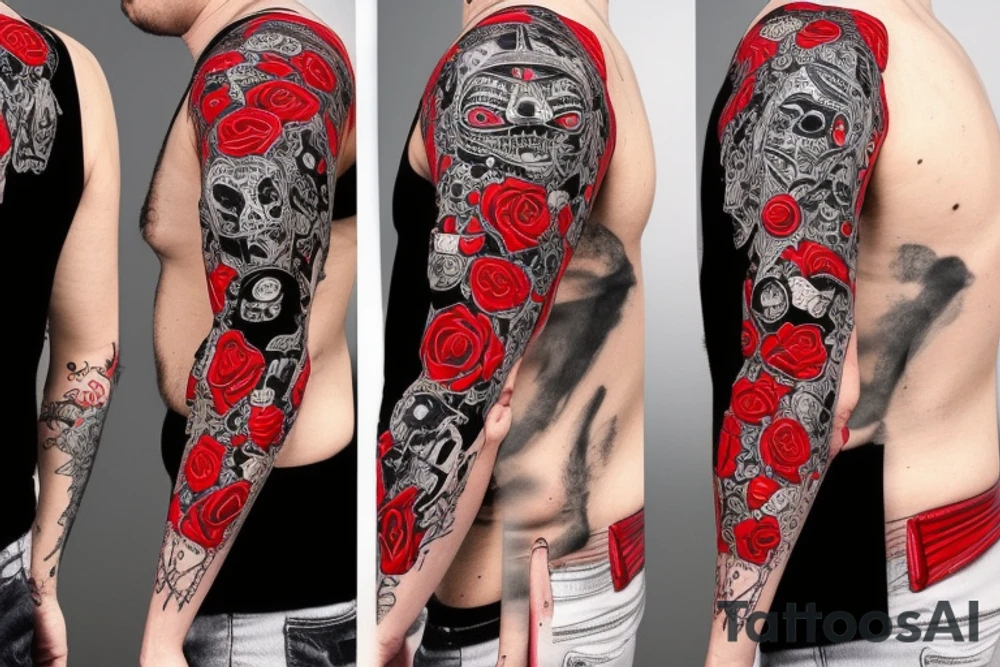 trash polka full sleeve with side neck
black and red
without skulls tattoo idea