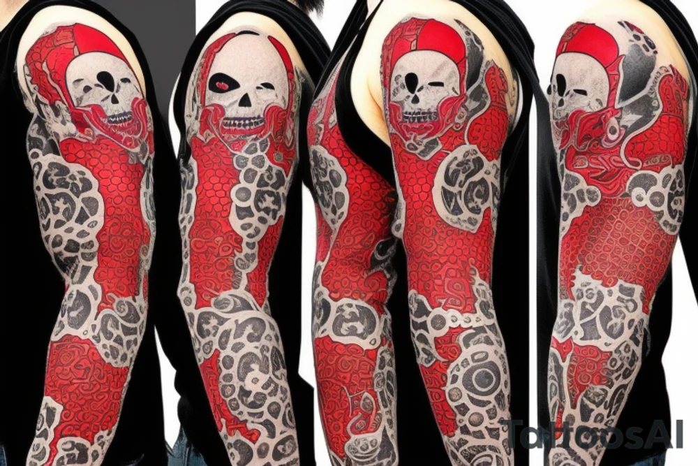 trash polka full sleeve with side neck
black and red
without skulls tattoo idea