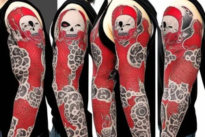 trash polka full sleeve with side neck
black and red
without skulls tattoo idea