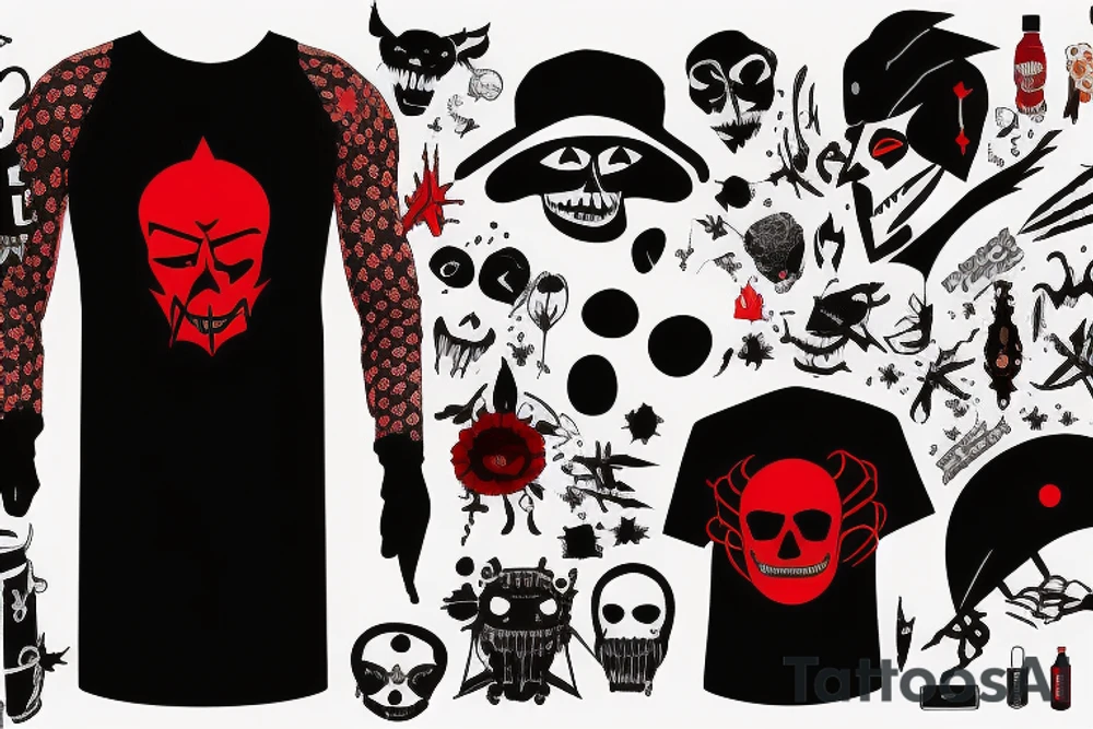 trash polka full sleeve with side neck
black and red
without skulls tattoo idea