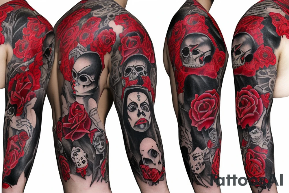 trash polka full sleeve with side neck
black and red
without skulls tattoo idea
