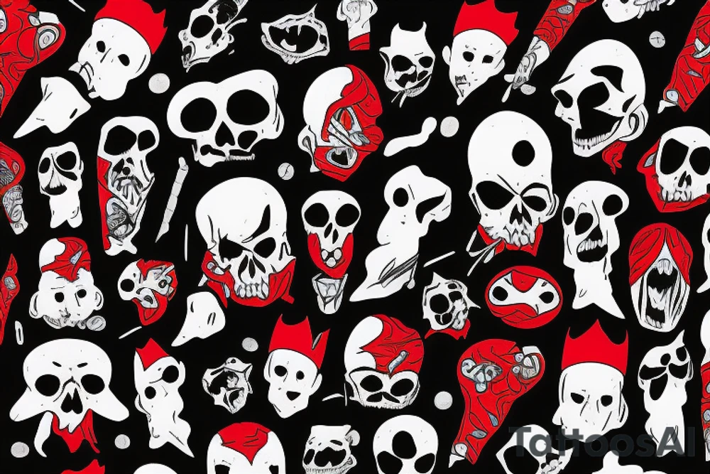 trash polka full sleeve with side neck
black and red
without skulls tattoo idea