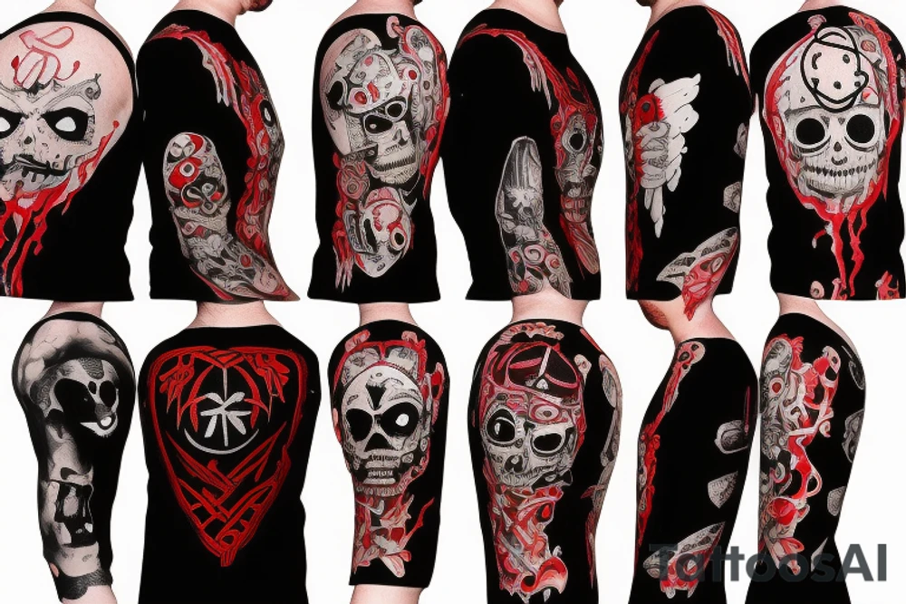 trash polka full sleeve with side neck
black and red
without skulls tattoo idea