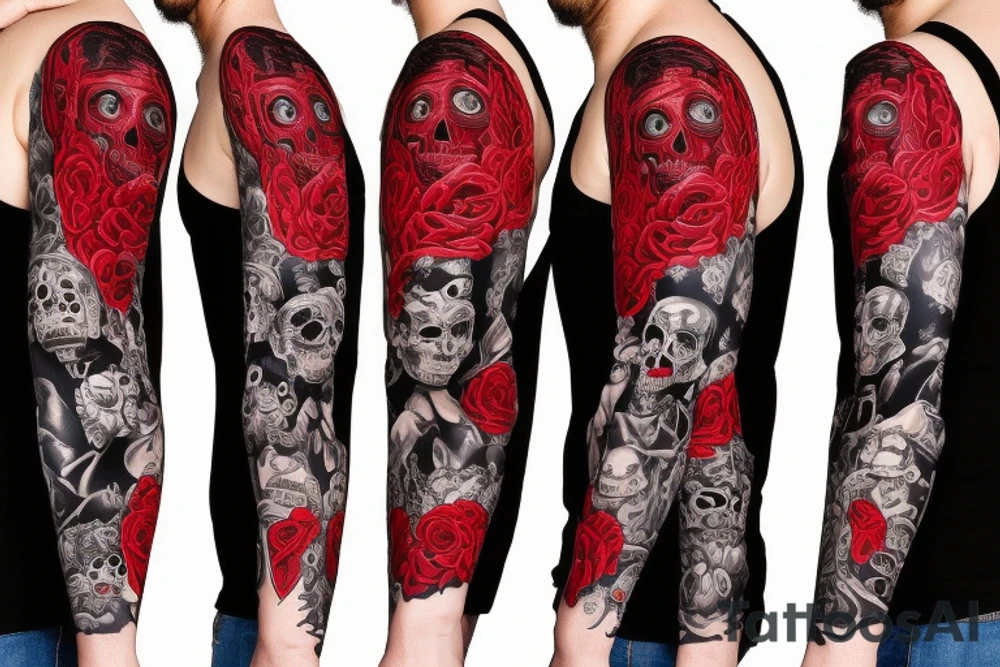 trash polka full sleeve with side neck
black and red
without skulls tattoo idea