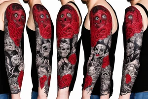 trash polka full sleeve with side neck
black and red
without skulls tattoo idea