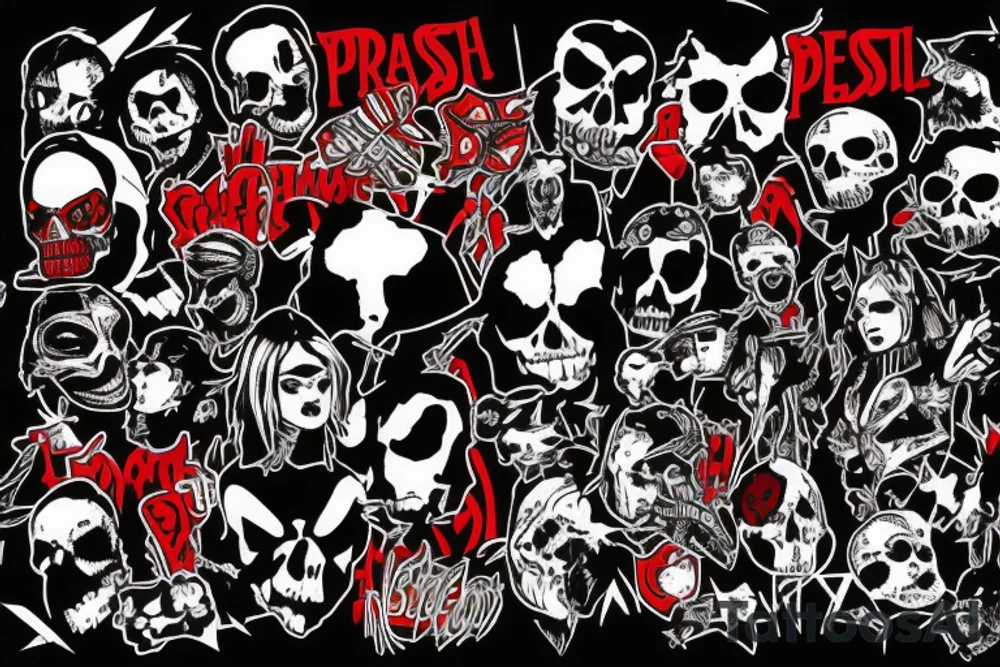 trash polka full sleeve with side neck
black and red
without skulls tattoo idea