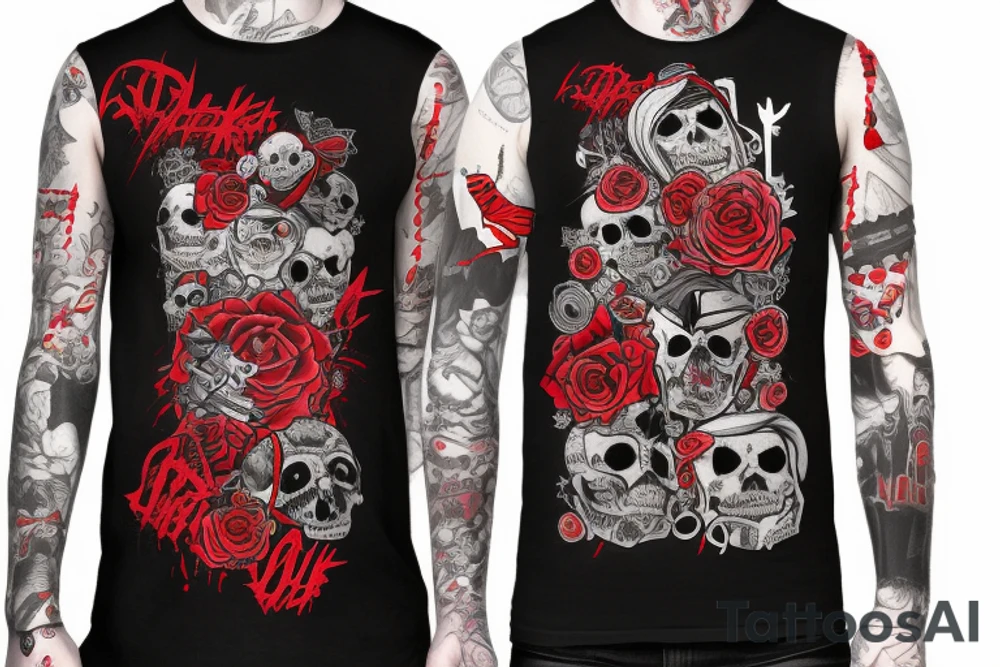 trash polka, full sleeve with side neck, black and red, without skulls tattoo idea