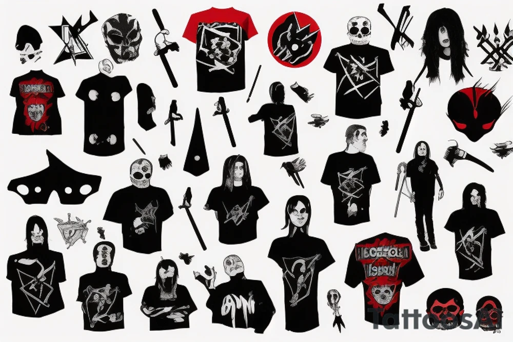 trash polka, full sleeve with side neck, black and red, without skulls tattoo idea