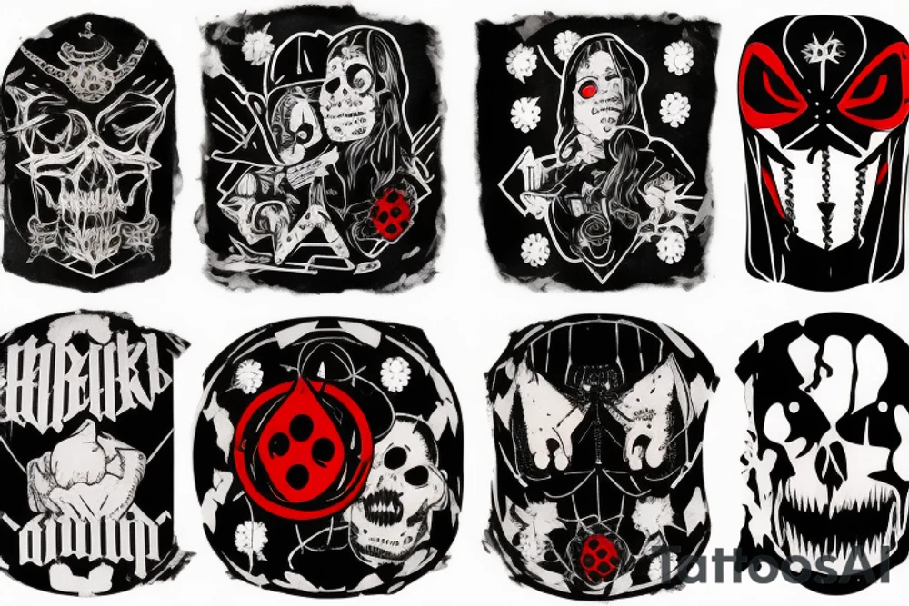 trash polka, full sleeve with side neck, black and red, without skulls tattoo idea