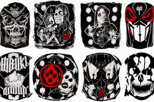 trash polka, full sleeve with side neck, black and red, without skulls tattoo idea