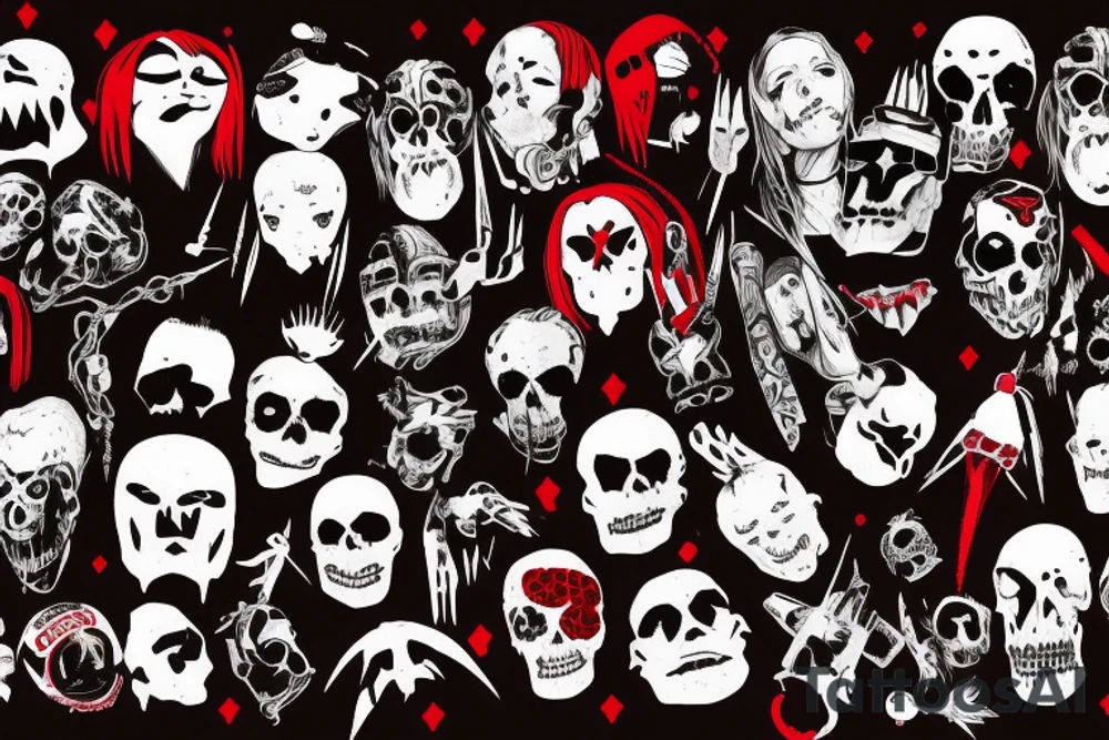 trash polka, full sleeve with side neck, black and red, without skulls tattoo idea