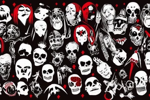 trash polka, full sleeve with side neck, black and red, without skulls tattoo idea