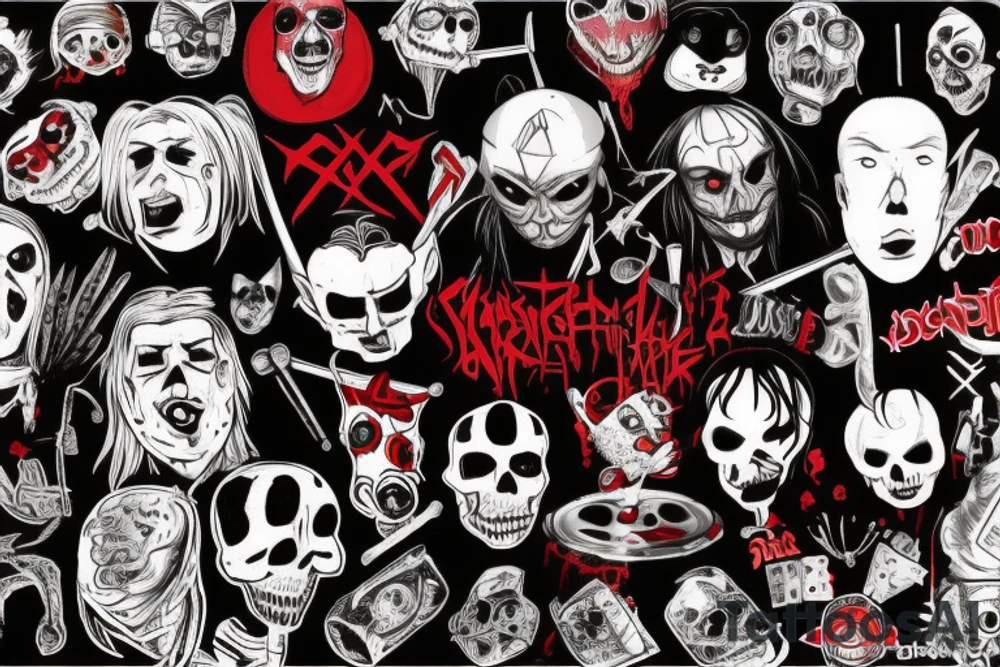 trash polka, full sleeve with side neck, black and red, without skulls tattoo idea