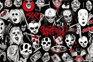 trash polka, full sleeve with side neck, black and red, without skulls tattoo idea