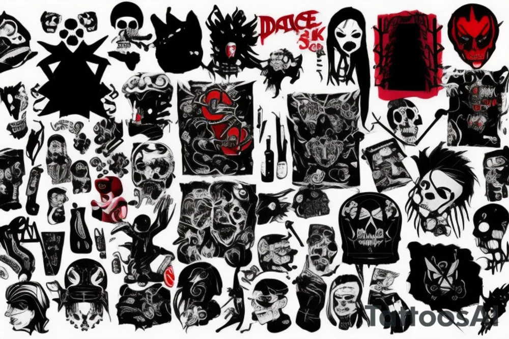 trash polka, full sleeve with side neck, black and red, without skulls tattoo idea