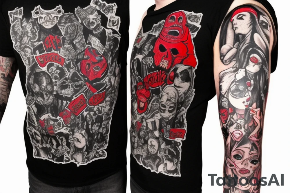 trash polka, full sleeve with side neck, black and red, without skulls tattoo idea