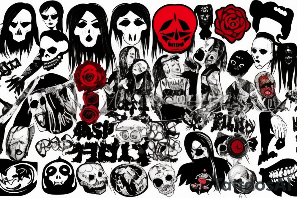trash polka, full sleeve with side neck, black and red, without skulls tattoo idea