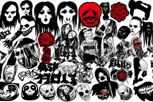 trash polka, full sleeve with side neck, black and red, without skulls tattoo idea