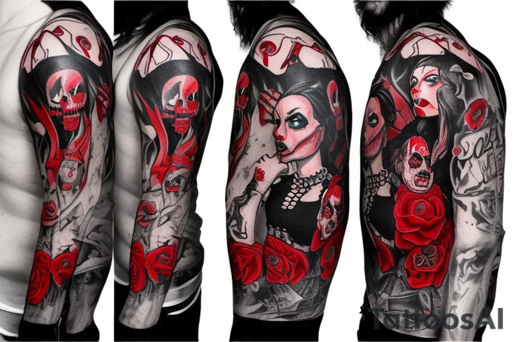 trash polka, full sleeve with side neck, black and red, without skulls tattoo idea